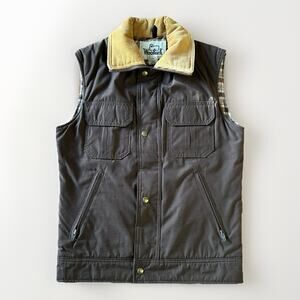 Vintage Woolrich Chore Vest Mens Small Brown Plaid Lining Corduroy Collar 70s